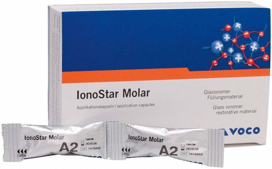 Verpackung der Ionostar Molar AC Kapseln A2 mit zwei Einzelkapseln vorne.