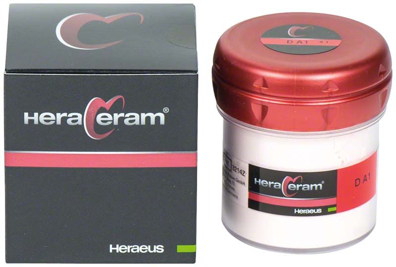HeraCeram® Dentin 100g DA1 im roten Kunststoffbehälter mit Verpackung.