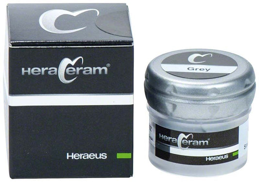 HeraCeram® Stains universal Pulver Grey in grauer Verpackung mit Produktnamen.