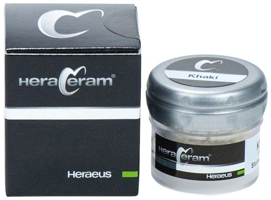 HeraCeram® Stains universal Pulver Khaki in schwarzer Verpackung und Glasbehälter.