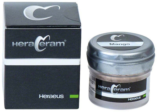 HeraCeram® Stains universal Pulver Mango in Dose neben Verpackung.