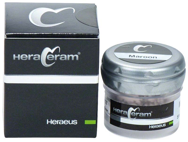 HeraCeram® Stains universal Pulver Maroon in Dose und Verpackung.