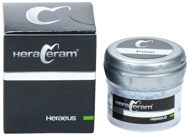 HeraCeram® Stains universal Pulver Polar mit Verpackung und Produktbehälter.