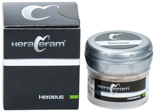HeraCeram® Stains universal Pulver Sienna in Originalverpackung und Glasbehälter.