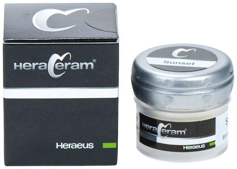 HeraCeram® Stains universal Pulver Sunset in Verpackung und Glasbehälter.