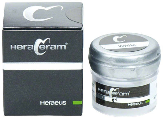 HeraCeram® Stains universal Pulver White in schwarzer Verpackung und Behälter.