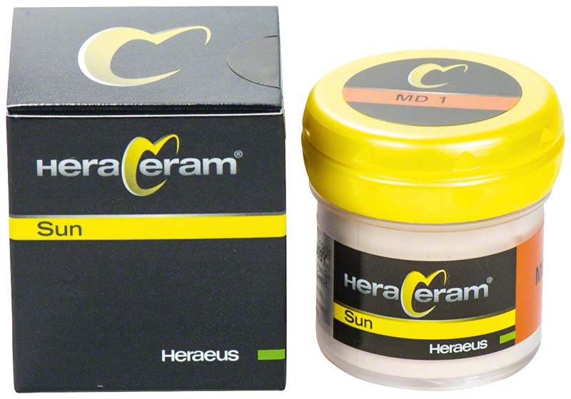 HeraCeram® Sun Mamelon-Dentin MD1 in Originalverpackung mit gelbem Deckel.