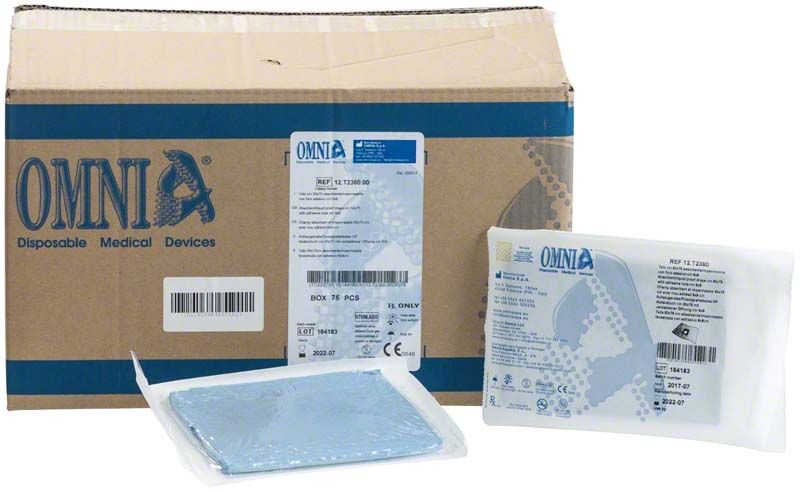 OP-Abdecktuch mit verklebbarer Öffnung, verpackt und in Kartonbox präsentiert.