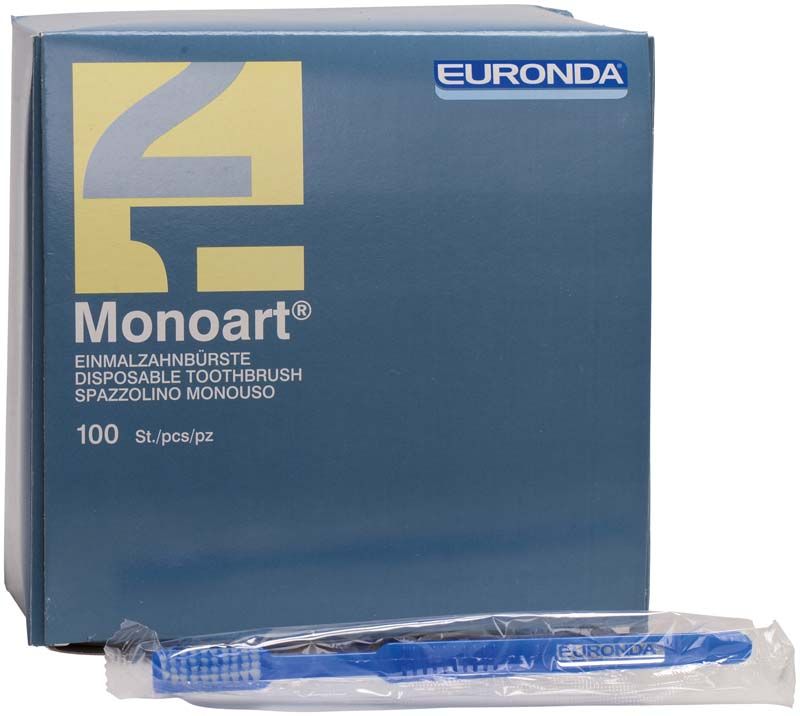 Blau verpackte Monoart Einmalzahnbürste von Euronda vor Produktverpackung.