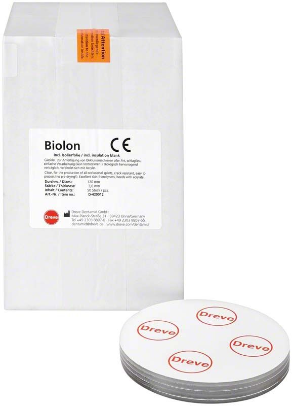 Biolon Tiefziehfolie 120 x 3,0mm mit Verpackungsetikett und Dreve-Logo.