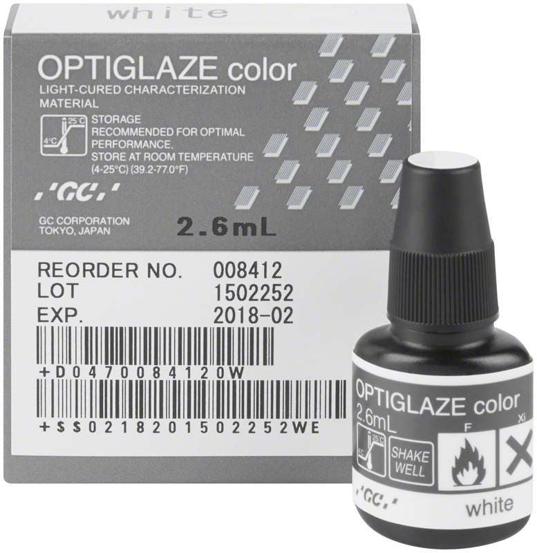 OPTIGLAZE color weiß Flasche und Verpackung mit Produktinformationen.