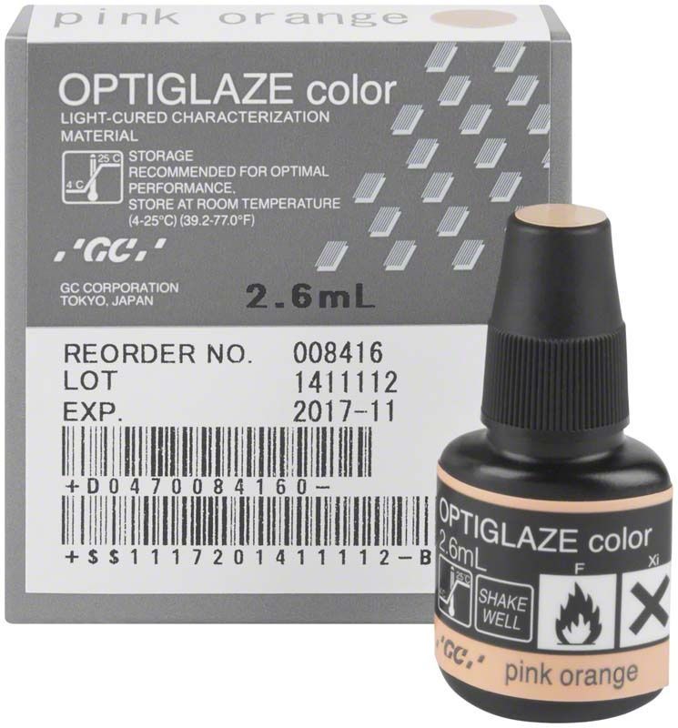 OPTIGLAZE color pink-orange Flasche und Verpackung für dentalmedizinische Anwendungen.