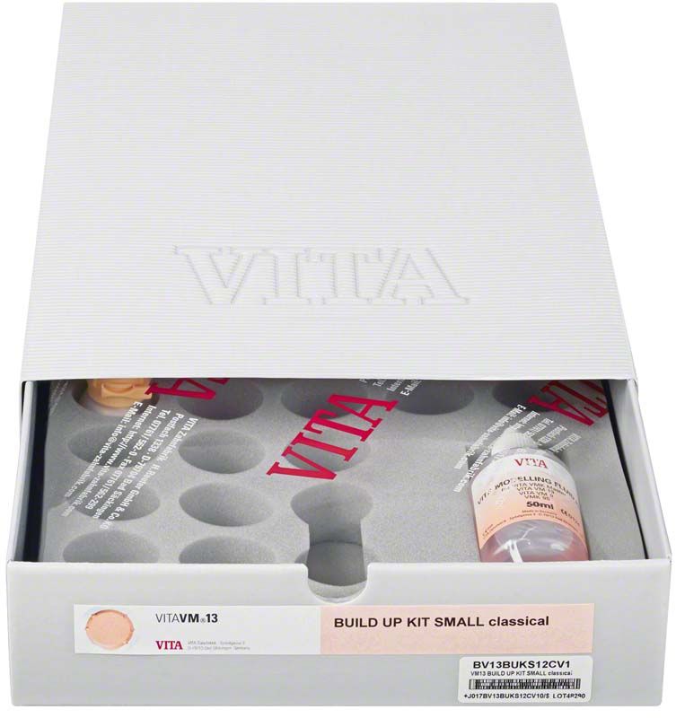 VITAVM®13 Aufbaukit mit VITA classical A1-D4® Farbschattierungen in geöffneter Verpackung.