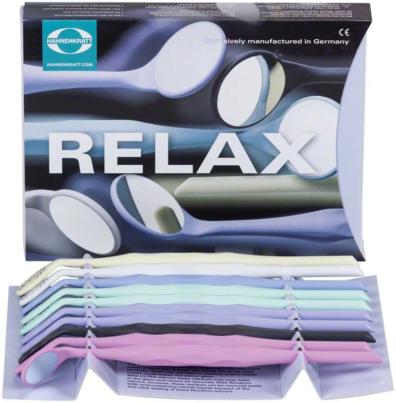 RELAX Mundspiegel FS ULTRA Gr. 4 in verschiedenen Farben vor Verpackung.