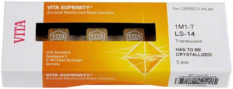 Verpackung von VITA SUPRINITY® PC, Zirkonverstärktes Glaskeramik für CEREC/inLab, 5 Stück.