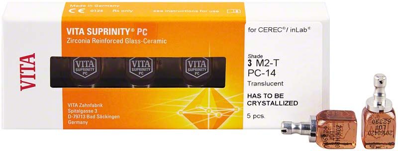 Verpackung von VITA SUPRINITY® PC 3M2 für CEREC®/inLab® mit fünf Glas-Keramik-Blöcken.