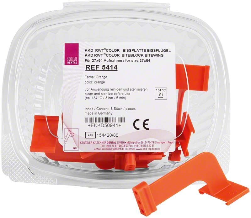 KKD RWT COLOR Bissplatten Bissflügel orange mit Verpackungsetikett.