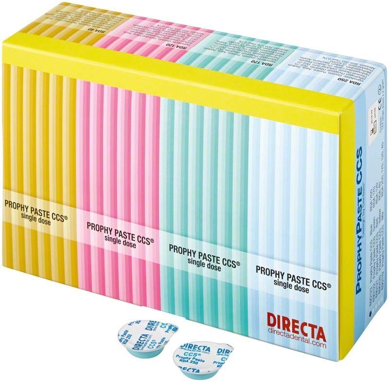 Prophy Paste CCS Single Dose Packung mit bunten Streifen und Direkt-Logo.