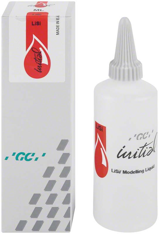 Modellierflüssigkeit für GC Initial LiSi mit Verpackung und Flasche.