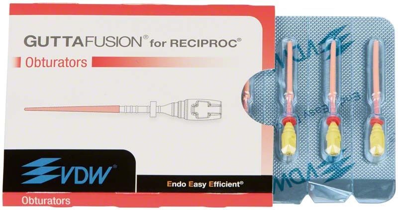 GUTTAFUSION® Obturatoren RECIPROC® Verpackung mit drei Obturatoren sichtbar.