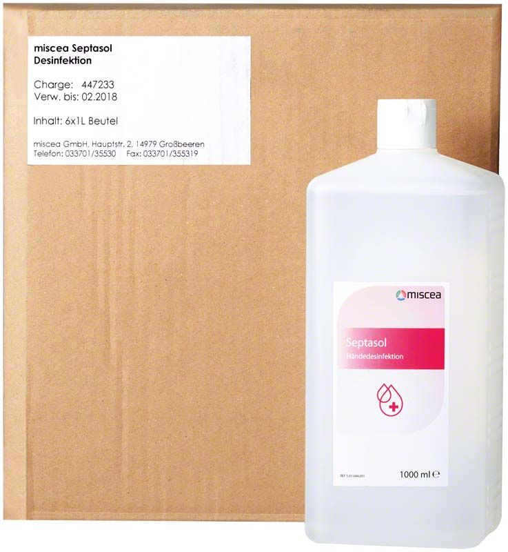 Septasol Händedesinfektion 6 x 1 Liter Karton mit Etikettansicht.