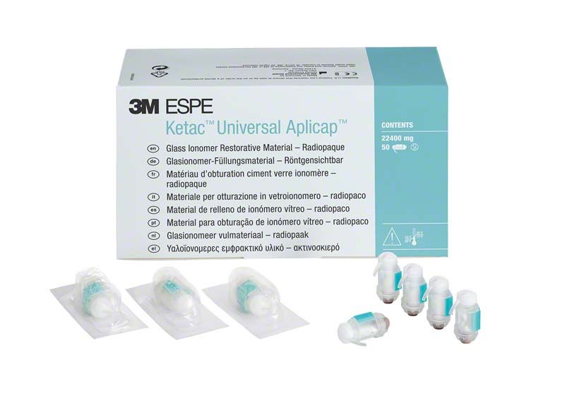 Ketac™ Universal Aplicap™ Packung mit 50 weißen Glasionomer-Füllungsmaterial-Kapseln.