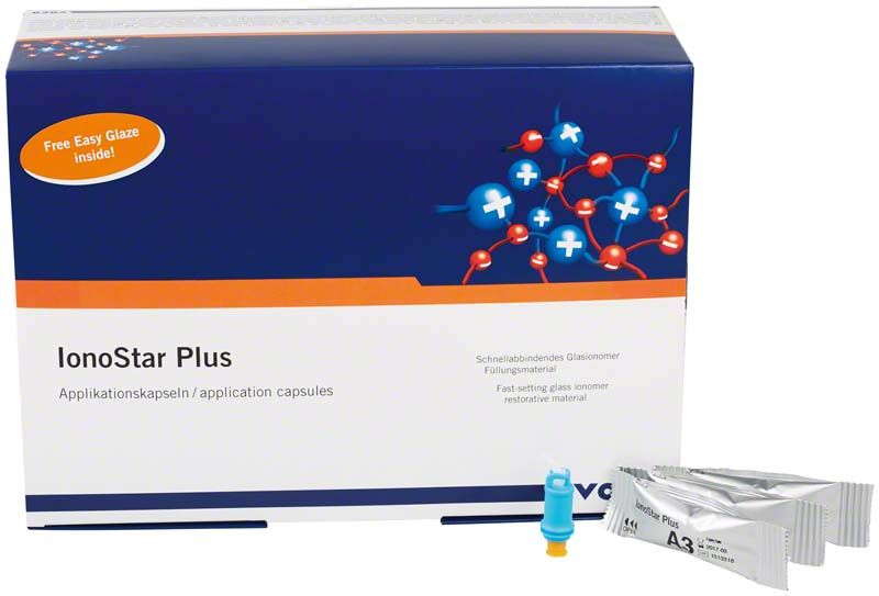Schnellabbindendes Glasionomer Füllungsmaterial IonoStar® Plus A3 mit Verpackung.