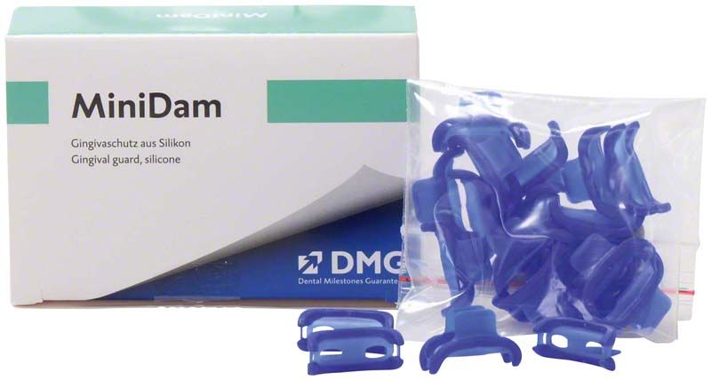 MiniDam Gingivalschutz aus Silikon mit blauer Schutzvorrichtung und Verpackung.