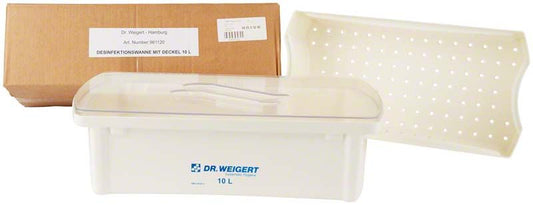 Desinfektionswanne 10 Liter mit transparentem Deckel und Kartonverpackung.