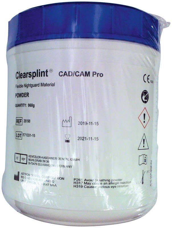 Clearsplint CAD/CAM Pro Pulver 960g in weißem Behälter mit Beschriftung.