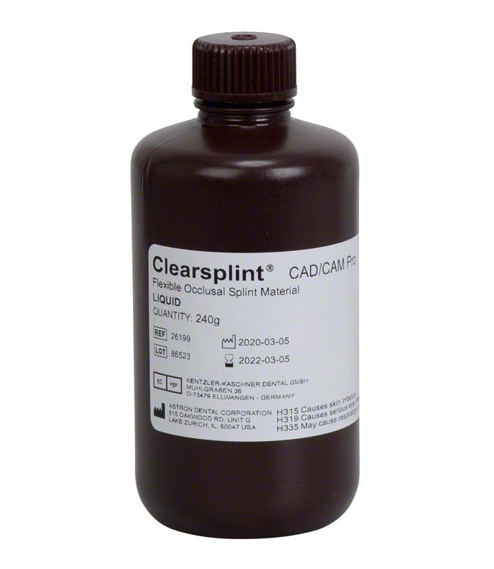 Braune Flasche mit Etikett "Clearsplint CAD/CAM Pro Flüssigkeit 240g".