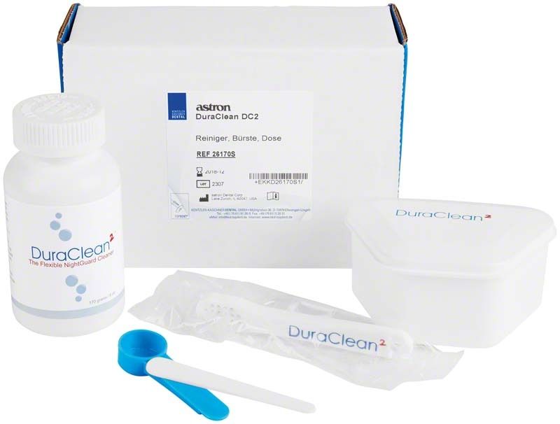 Reinigungsset für Aufbissschienen mit Flasche, Bürste und Dose.