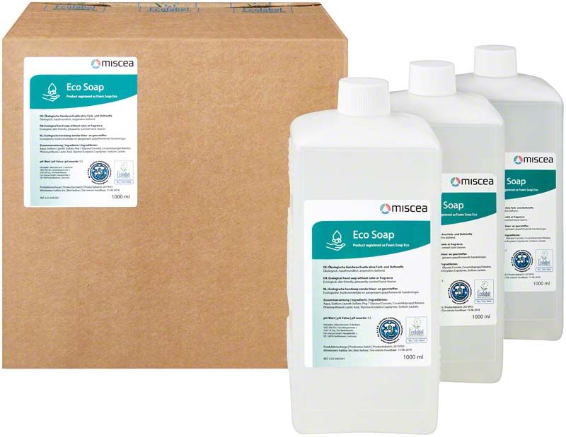 Miscea Eco Soap 6 x 1 Liter Spenderflaschen vor Verpackung.