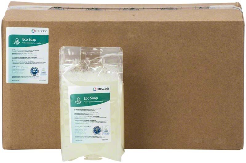 miscea Eco Soap im 1-Liter-Vakuumbeutel vor braunem Kartonverpackung.