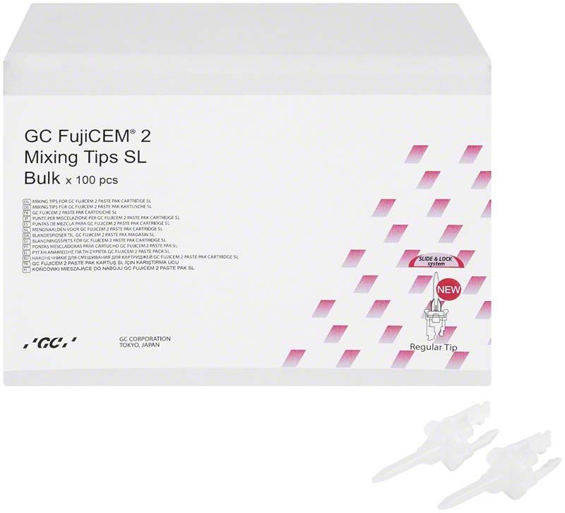 FujiCEM 2 Mischkanülen-Packung mit 100 Applikationsaufsätzen für Dentalanwendungen.