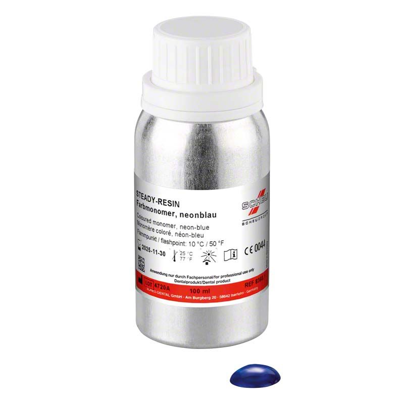 Silberne Flasche STEADY-RESIN Neonmonomere 100ml, neonblau mit blauem Deckel.