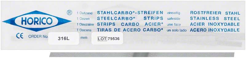 Stahlcarbo®-Streifen 316L Verpackung mit Produktinformationen und Logo.