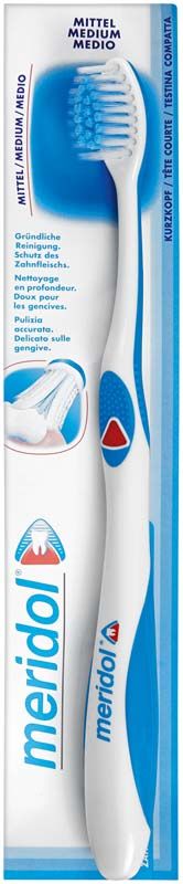 meridol® Zahnbürste mittel in Verpackung mit blauen und weißen Borsten.