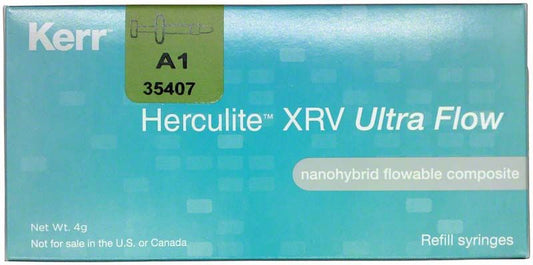 Herculite XRV Ultra Flow A1 Verpackung mit Kerr-Logo und Produkthinweisen.