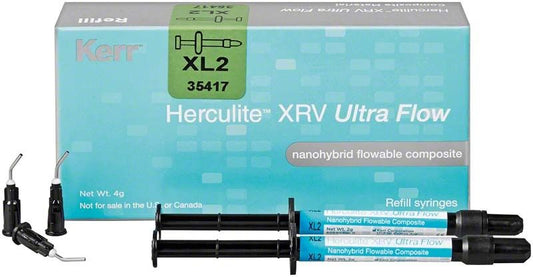 Herculite XRV Ultra Flow XL 2 Nachfüllspritzen vor Produktverpackung.