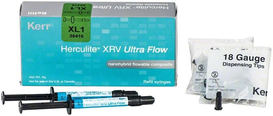 Herculite XRV Ultra Flow XL 1 mit Spritzen und Abgabeaufsätzen.