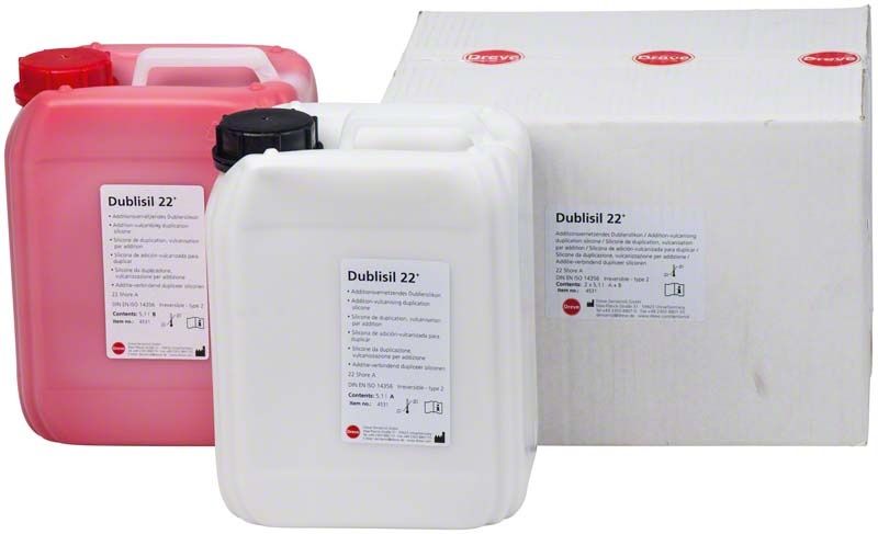 Dublisil® 22 plus Dubliersilikon-Kanister in rot und weiß mit Verpackung.