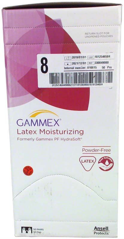Gammex Latex Moisturiser Gr. 8 Verpackung mit Barcode und Produktinformationen.