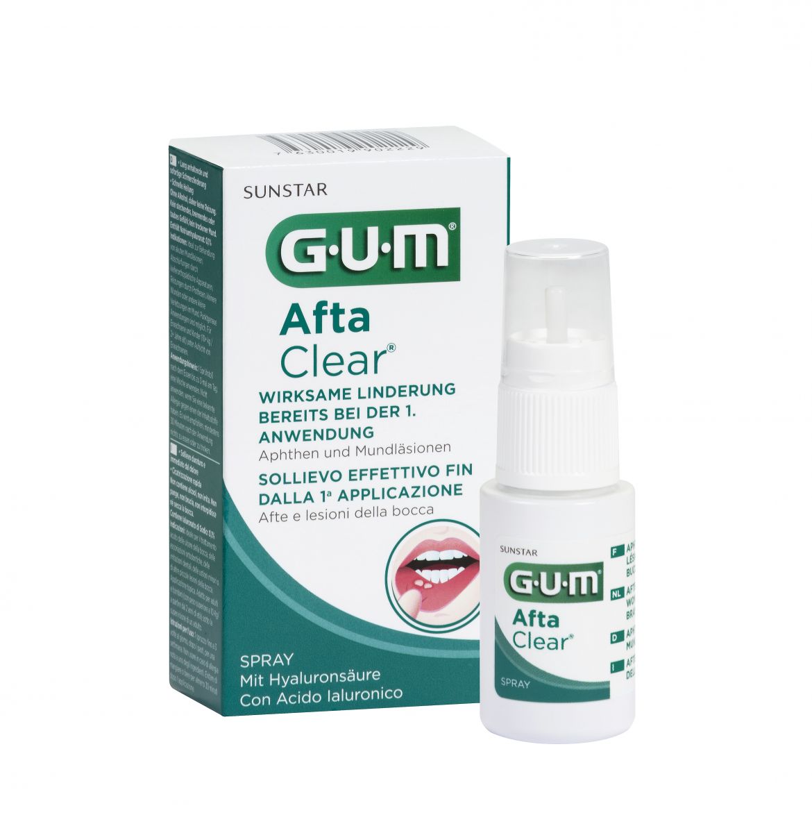GUM AftaClear Spray 15ml mit Verpackung und multidirektionaler Pumpsprayflasche.