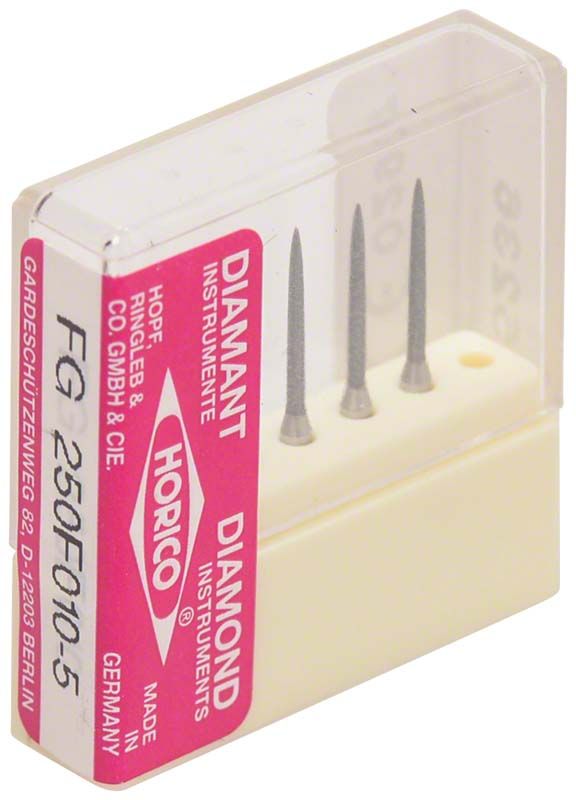 Diamantbohrer FG 250F 010 in transparenter Verpackung mit rosa Etikett.