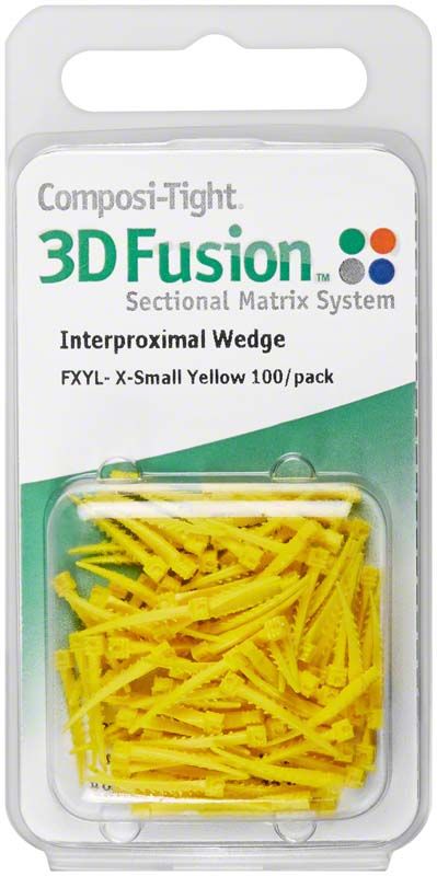 Gelbe Composi-Tight® 3D Fusion™ Interdentalkeile in Verpackung.
