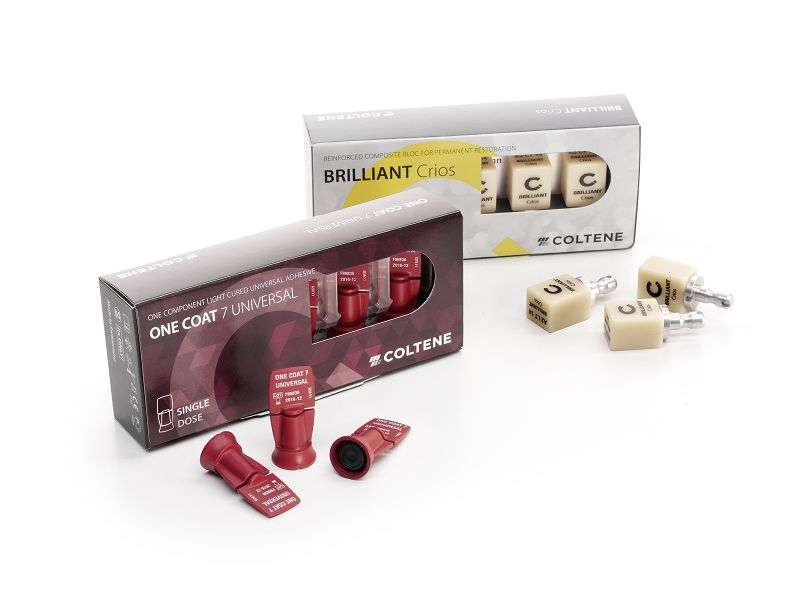 BRILLIANT Crios CEREC Introkit 14 mit Einzelverpackungen und dentalen Materialien.