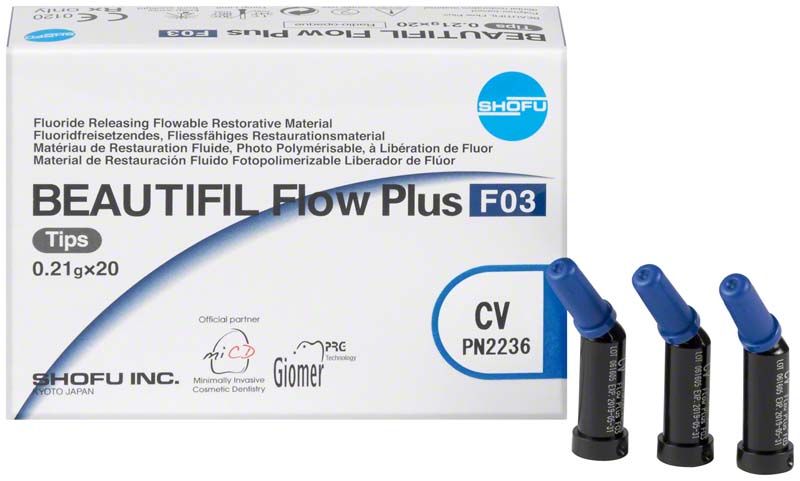 Beautifil Flow Plus F03 Tips CV in schwarzer Verpackung mit blauen Spitzen.