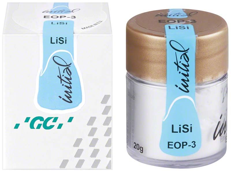 Verblendkeramik GC Initial LiSi EOP-3 im Glasbehälter mit Verpackung.