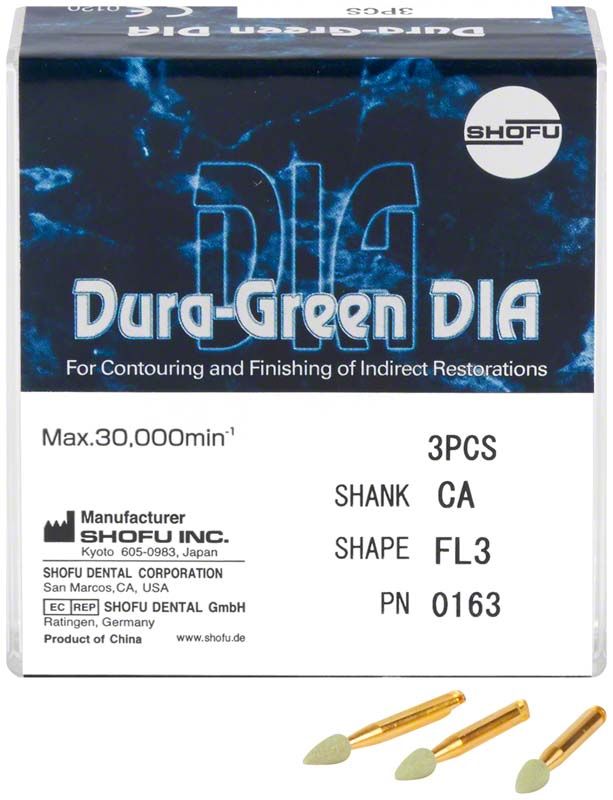 Verpackung der Dura-Green® DIA - RA FL3 mit drei Schleifköpfen.
